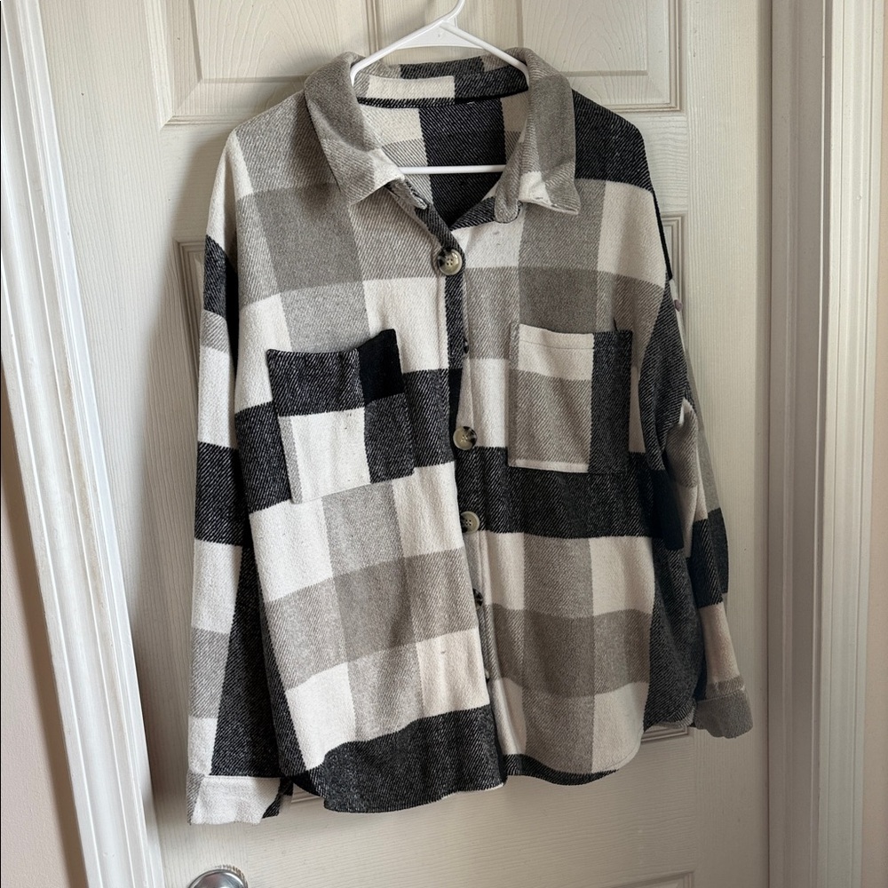 PLUS SIZE Cozy Black, Gray & Cream Plaid Button-Up Shacket